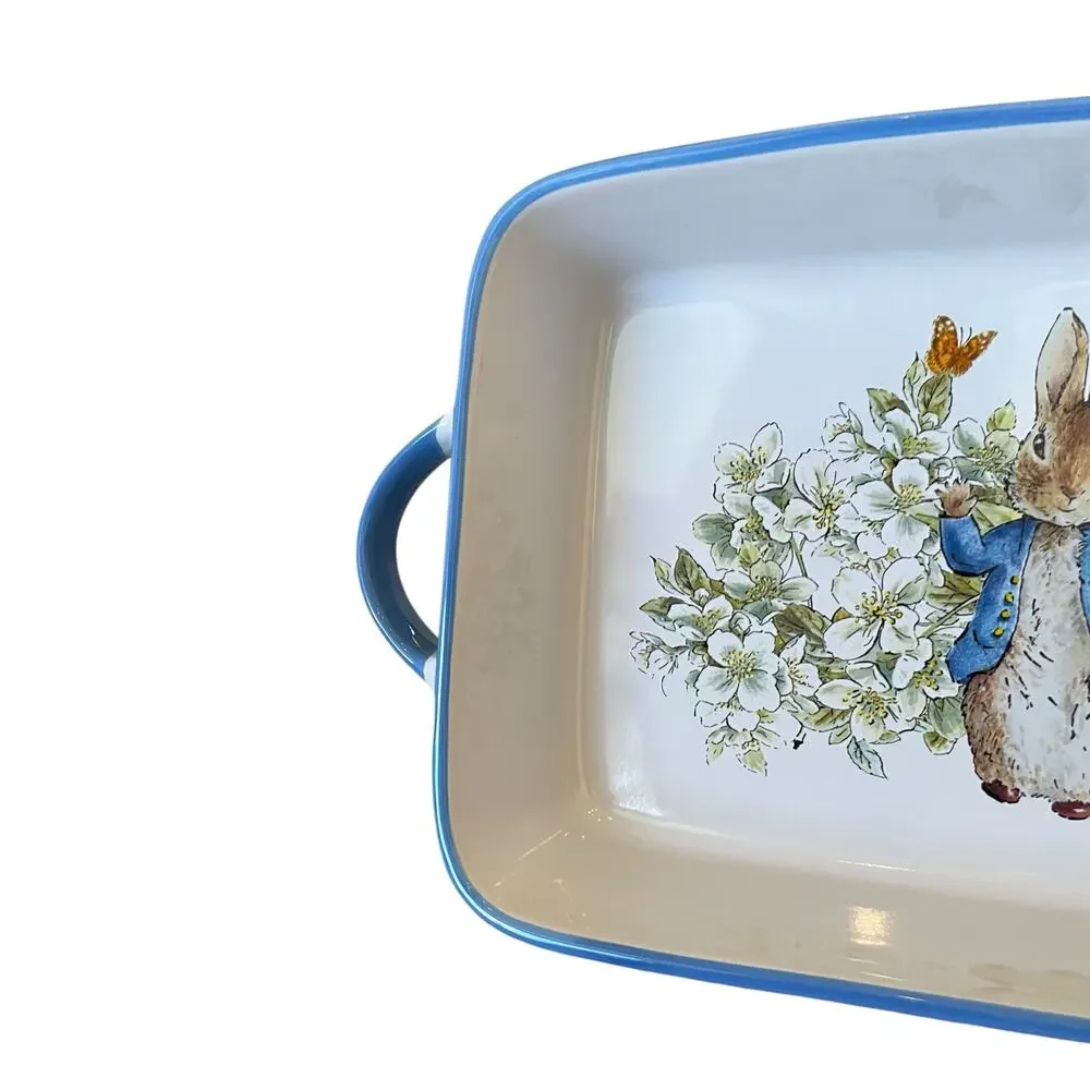 Beatrix Potter Peter Rabbit Rectangular Ceramic Baker Blue Rim Easter  NEW
